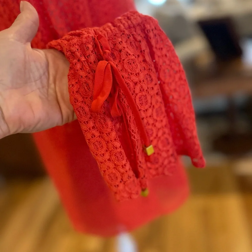 Michael Kors Vibrant Coral Crochet Lace Bell Sleeve Women’s Blouse